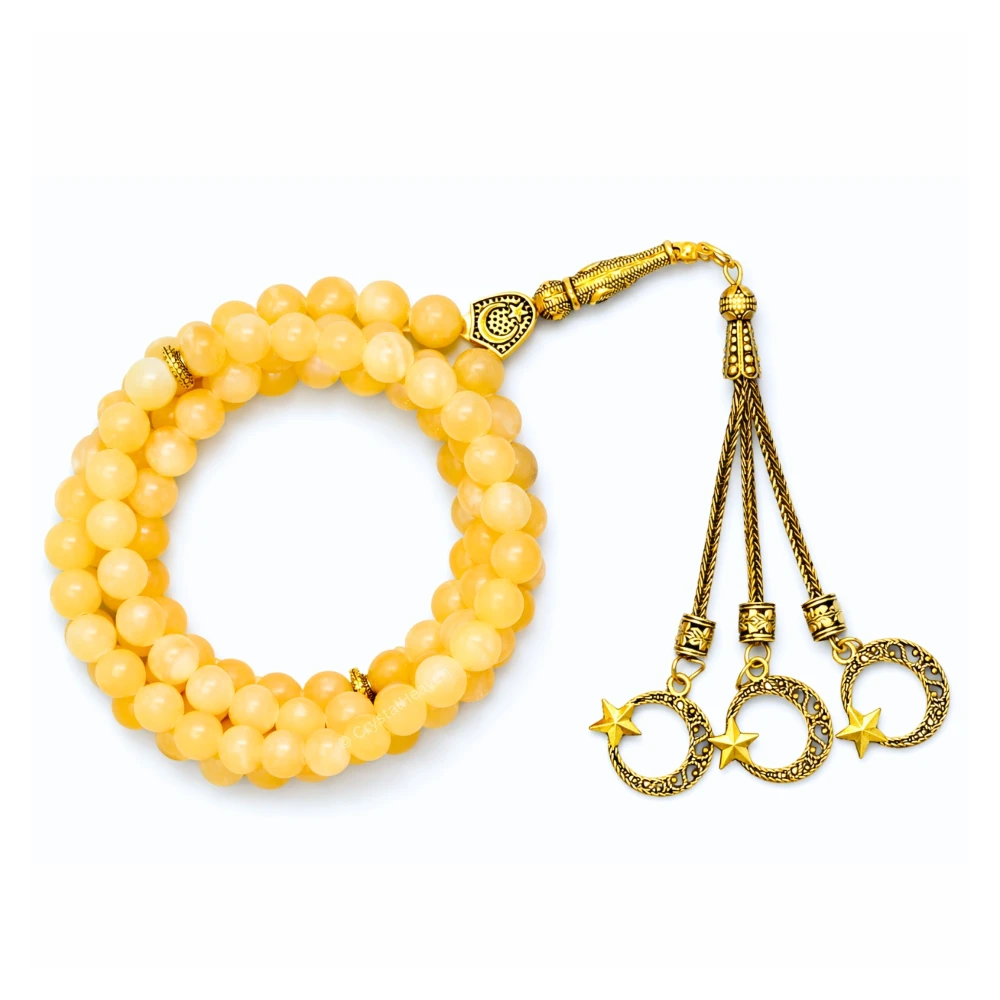 Yellow Calcite Crystal Tasbih (Gold)