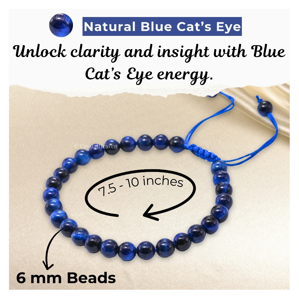 Blue Cats Eye Healing Crystal Bracelets - 6mm Beads (Adjustable)