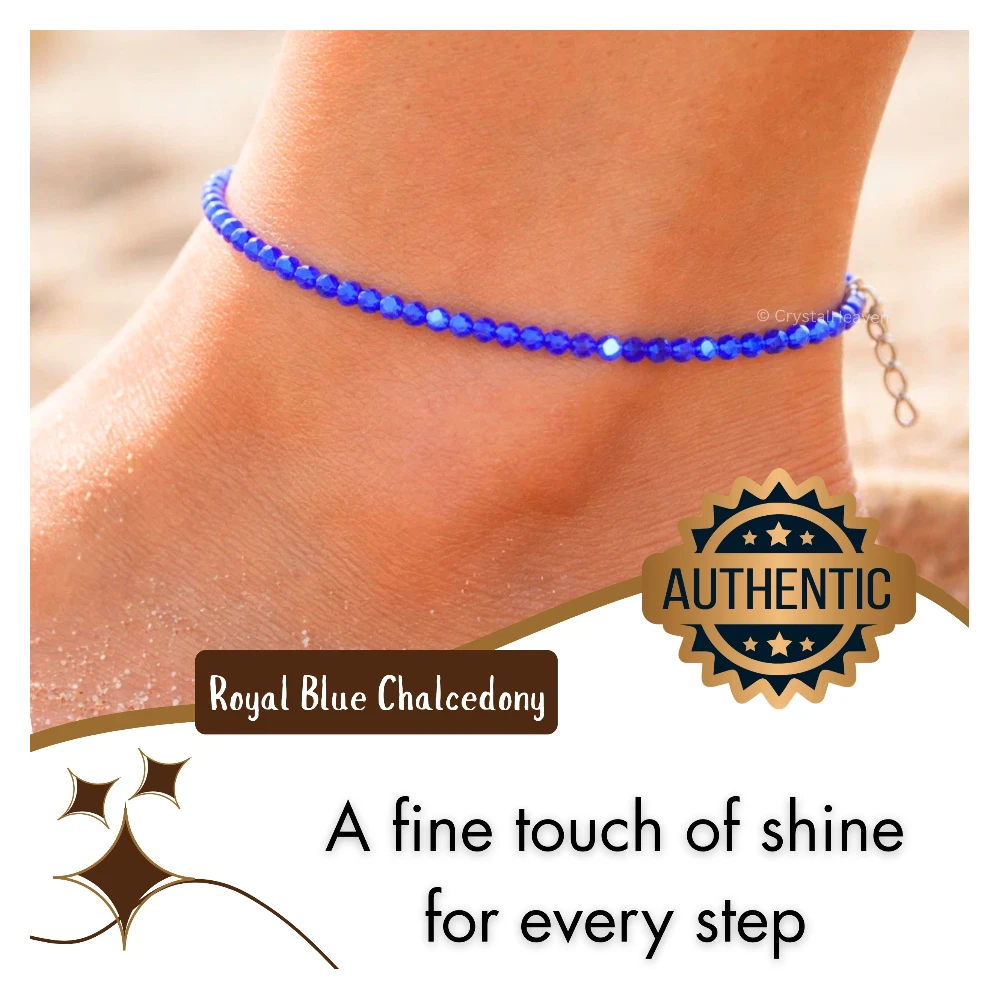 Royal Blue Chalcedony Anklet - 2mm Faceted Beads (Silver)