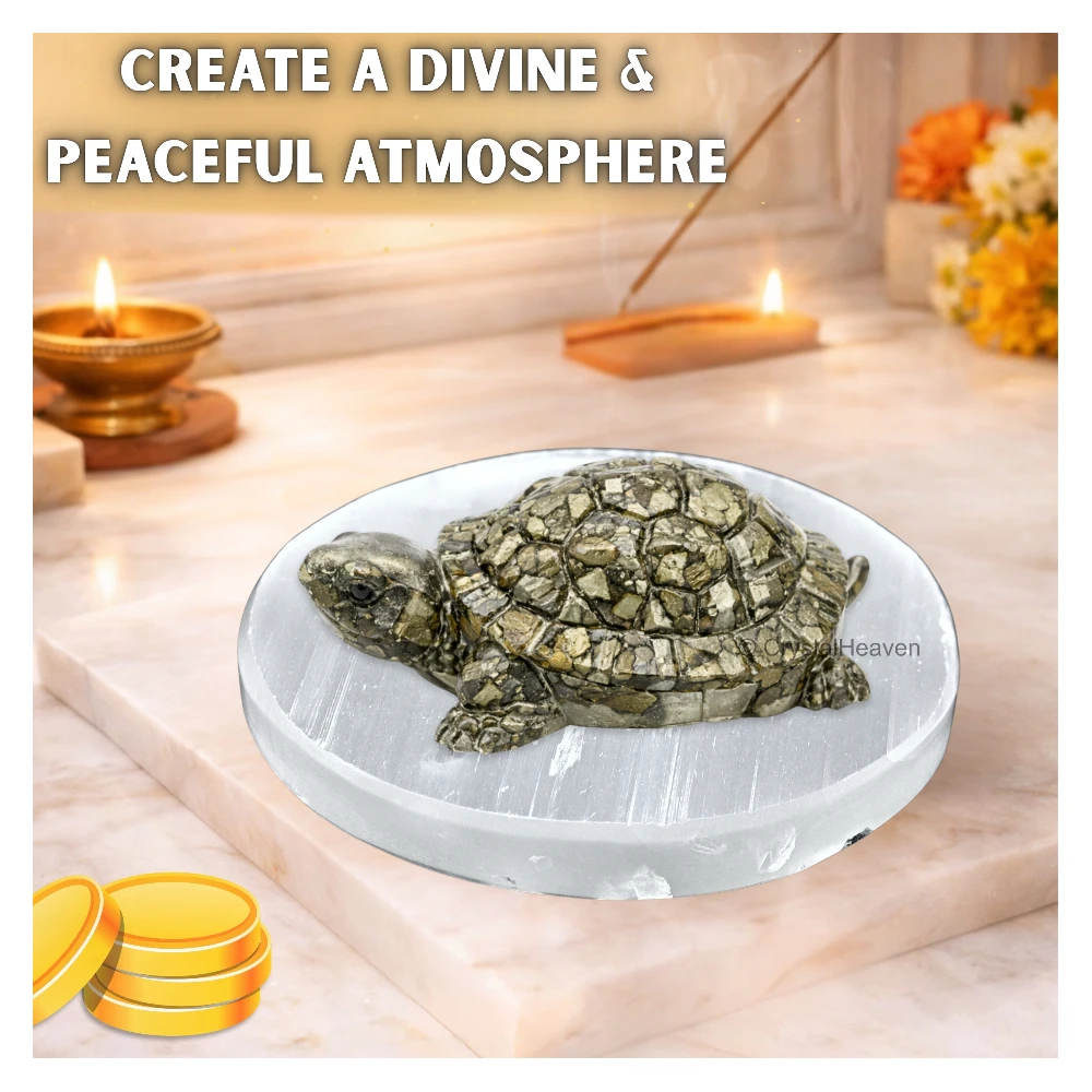 Pyrite Tortoise Kachhua with Selenite (Plate)