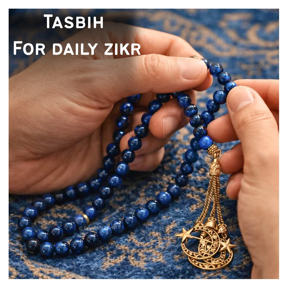 Blue Tiger Eye Crystal Tasbih (Gold)