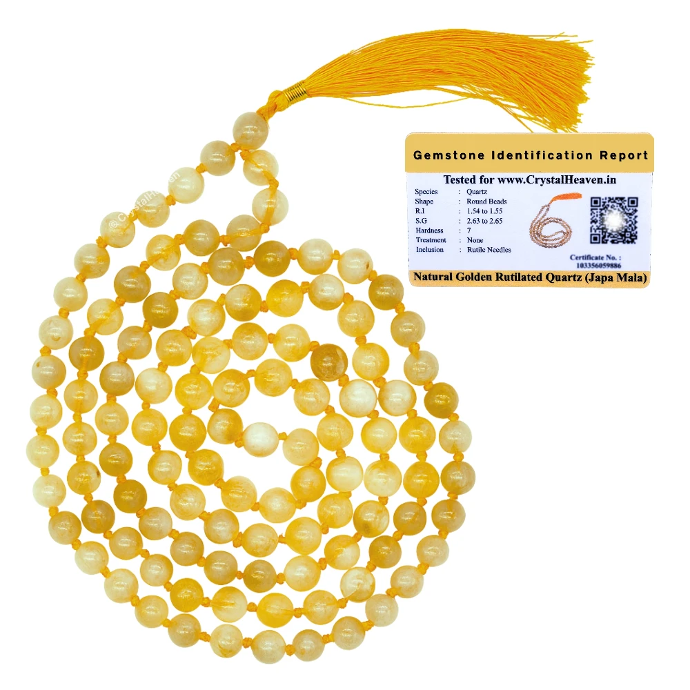 Golden Rutilated Quartz Japa Mala (Hand Knotted)