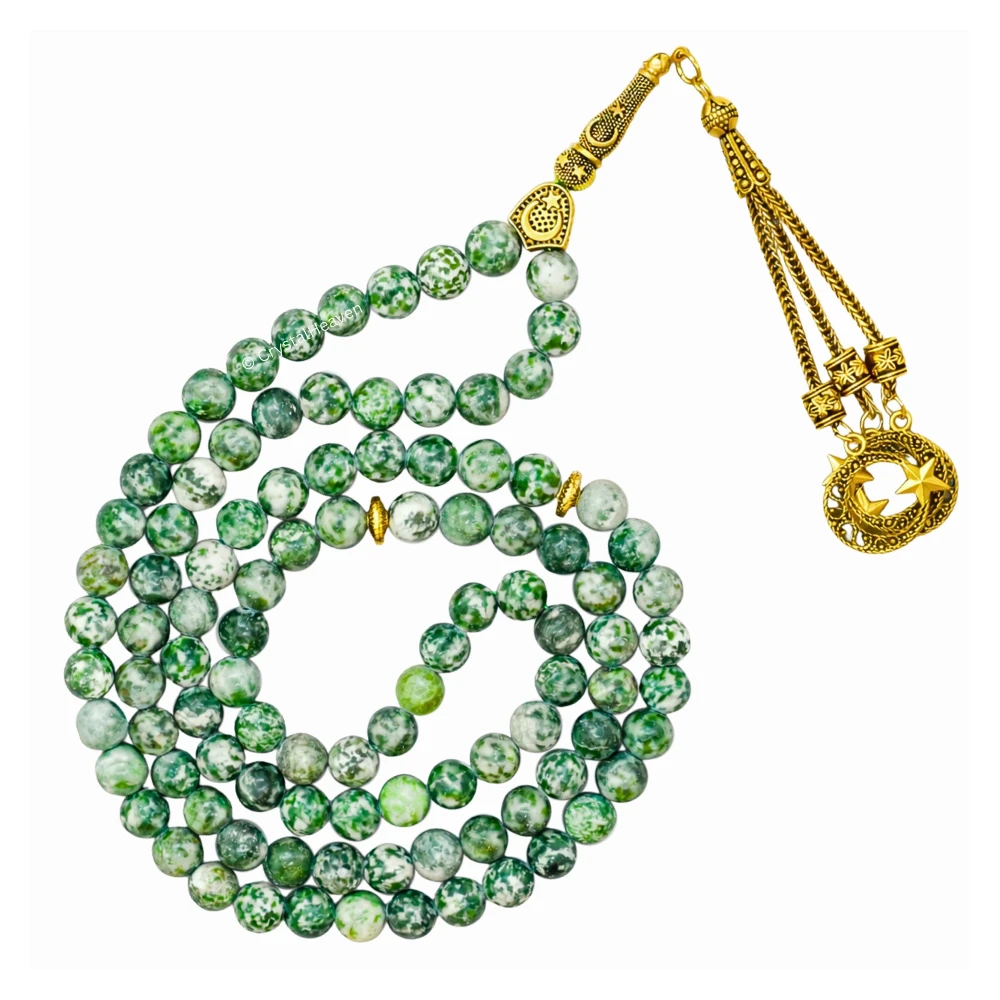 Tree Agate Crystal Tasbih (Gold)