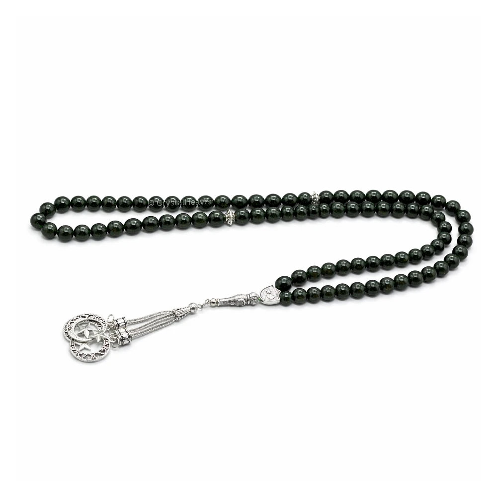 Green Goldstone Crystal Tasbih (Silver)