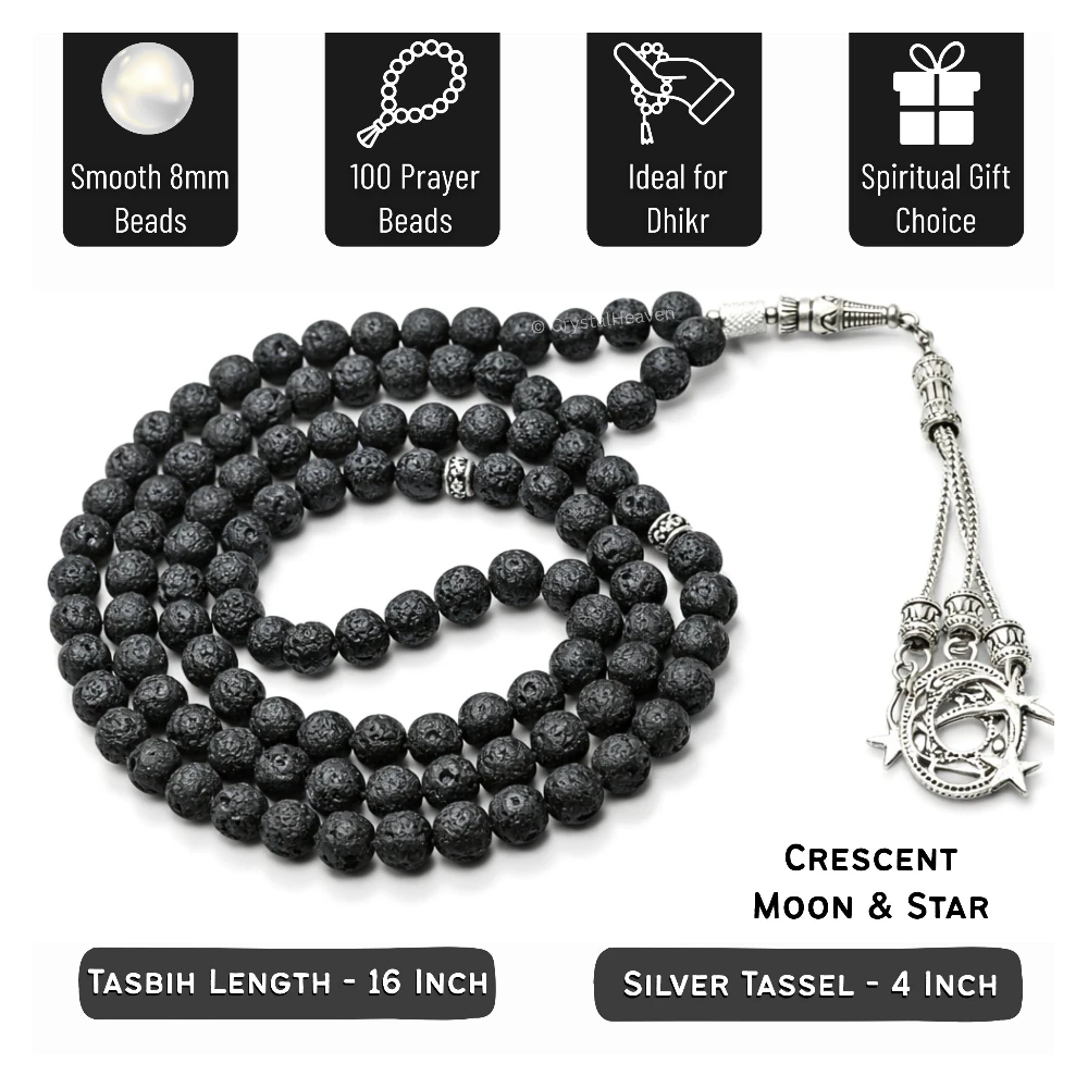 Lava Stone Crystal Tasbih (Silver)