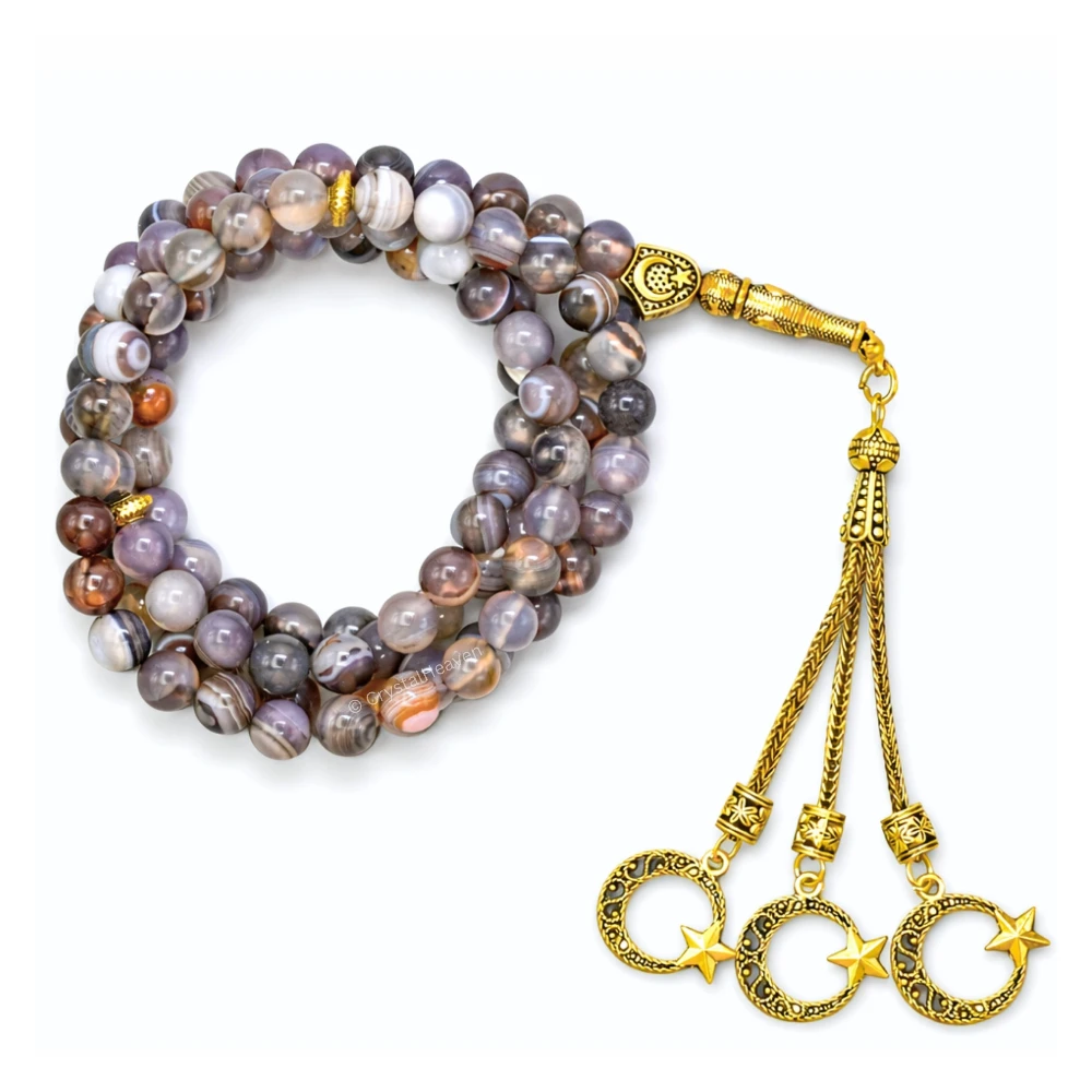 Botswana Agate Crystal Tasbih (Gold)