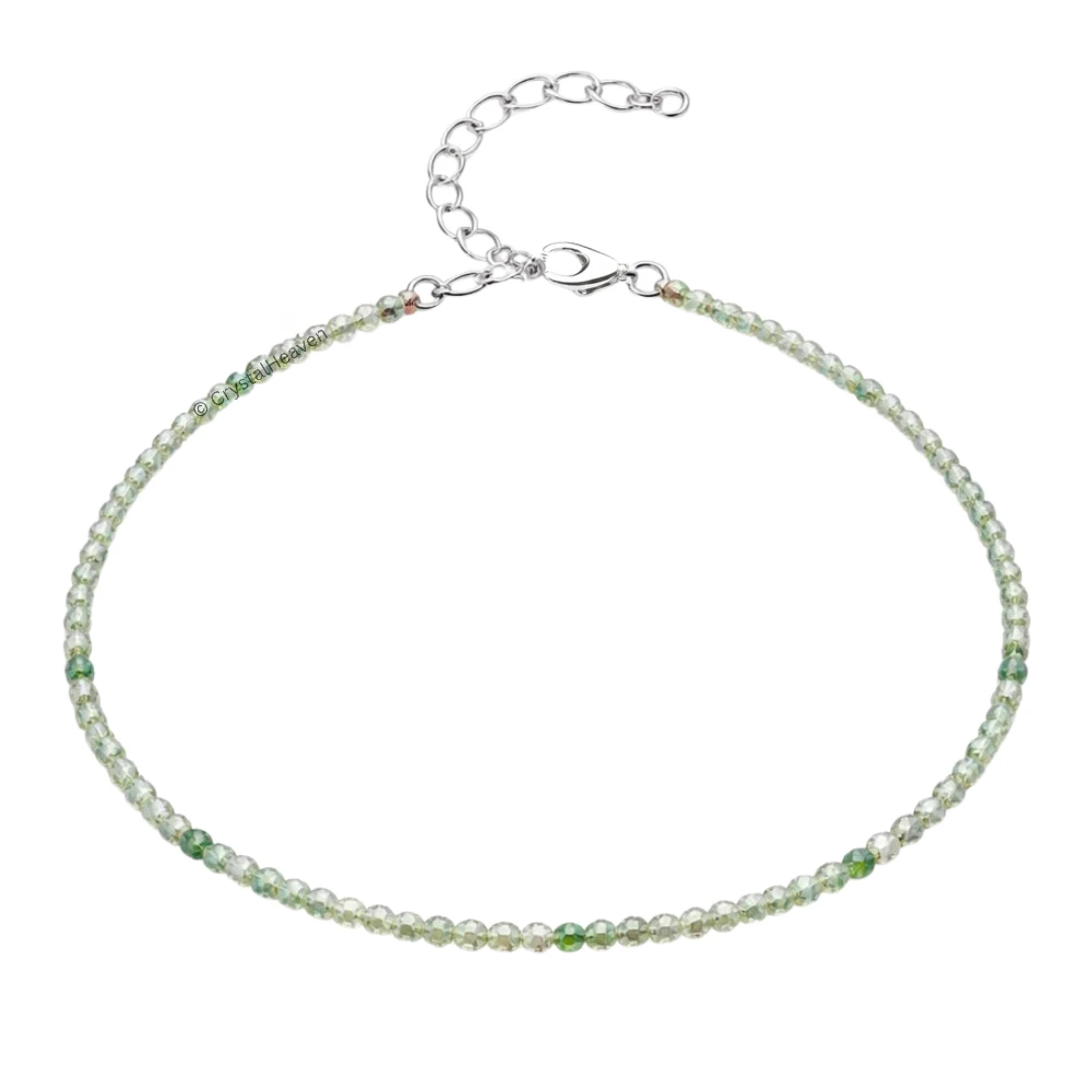 Green Amethyst Anklet - 2mm Faceted Beads (Silver)