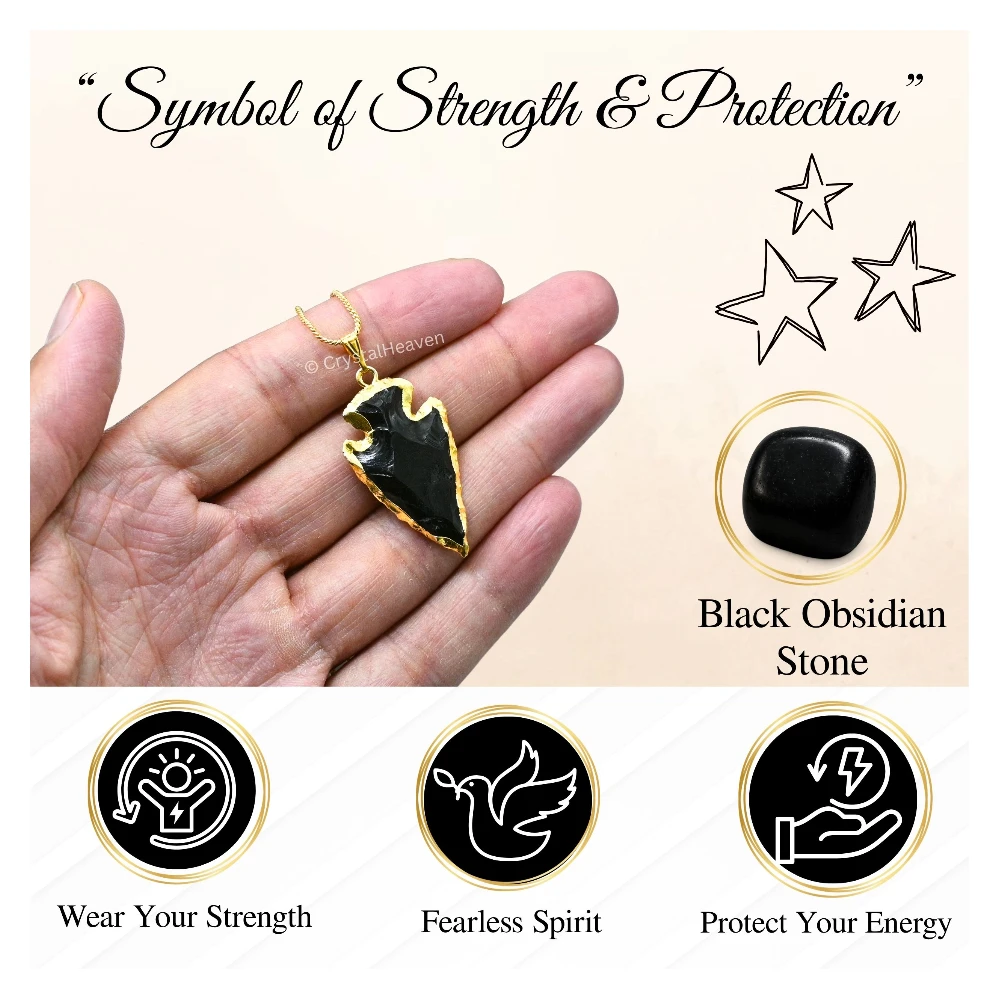 Black Obsidian Arrow Head Pendant - Gold Plated