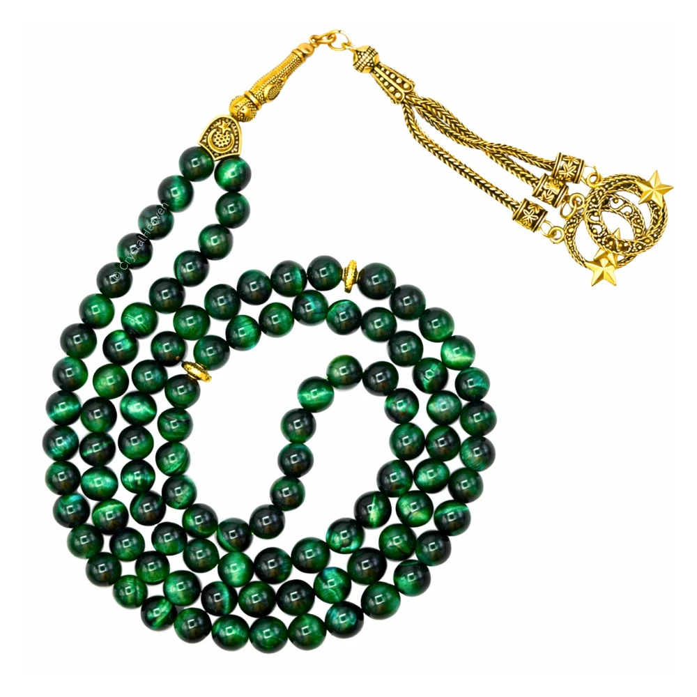Green Tiger Eye Crystal Tasbih (Gold)