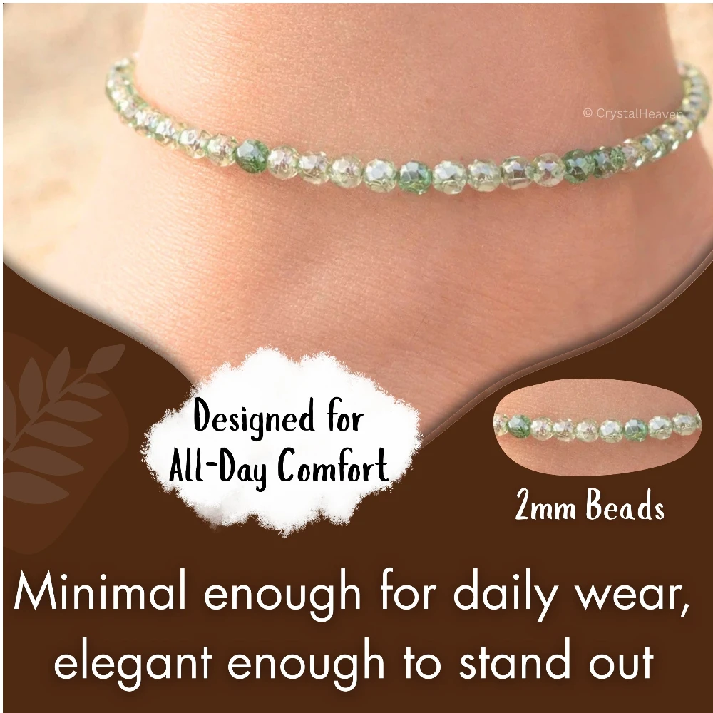 Green Amethyst Anklet - 2mm Faceted Beads (Silver)