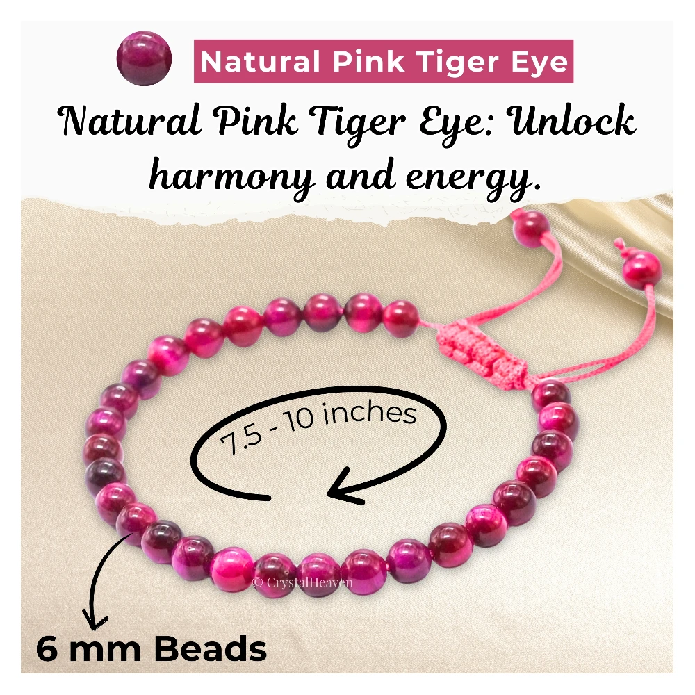 Pink Tiger Eye Healing Crystal Bracelets - 6mm Beads (Adjustable)