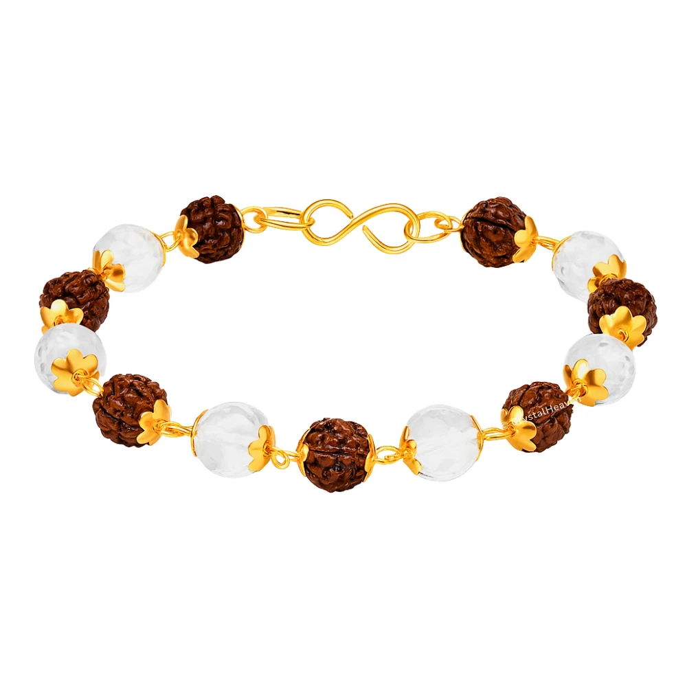 Faceted Sphatik Crystal and Rudraksha Bracelet (Gold Chain)