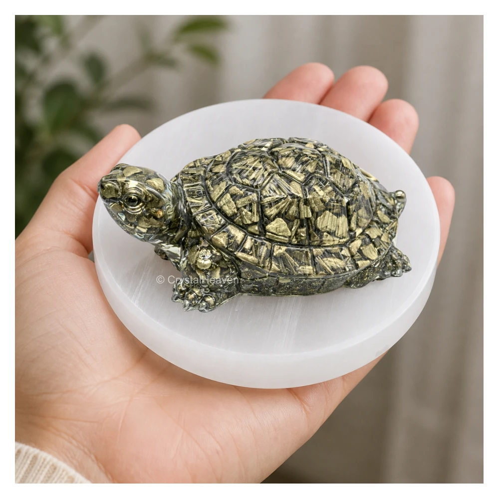 Natural Pyrite Tortoise Kachhua with Selenite Plate
