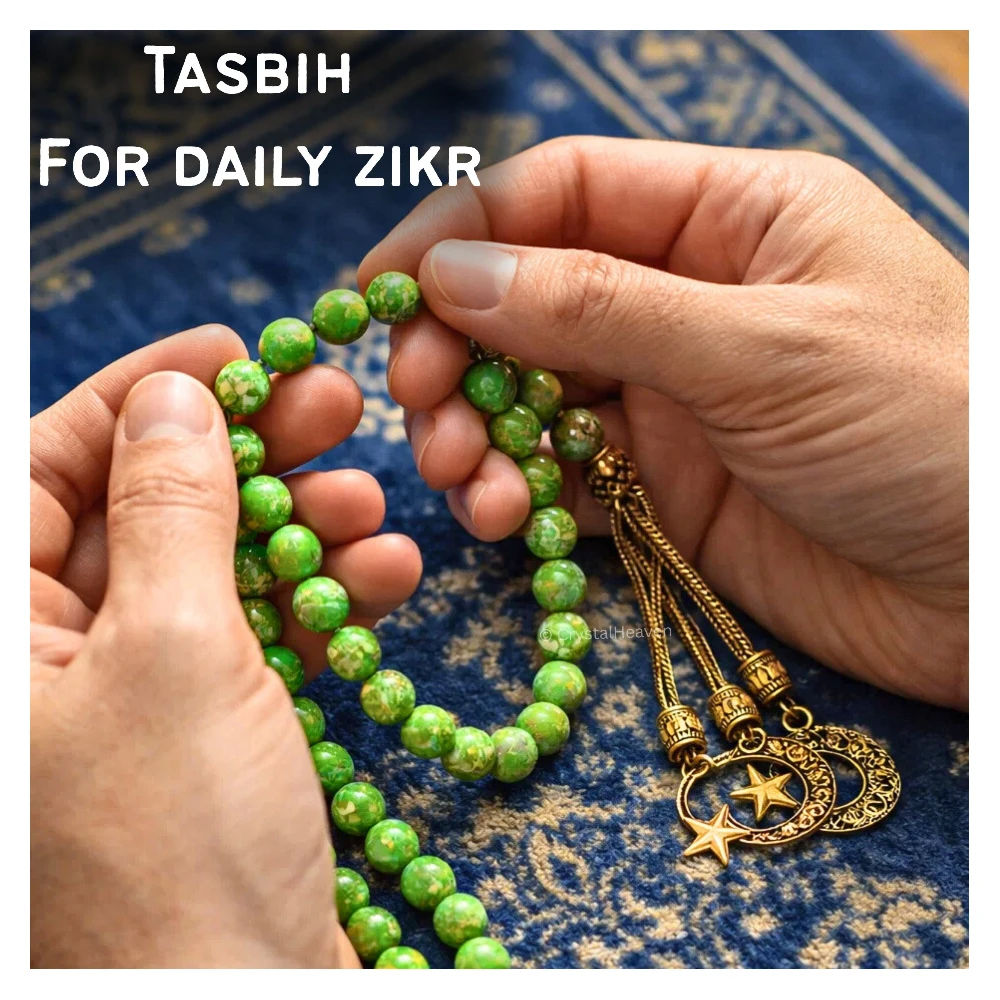 Green Turquoise Crystal Tasbih (Gold)