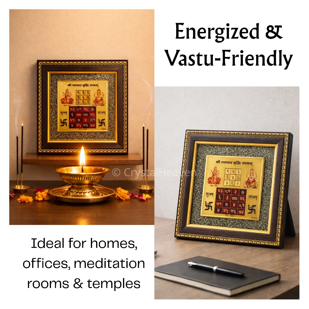 Golden Vyapar Vridhi Yantra on Natural Pyrite Frame – Vastu Decor