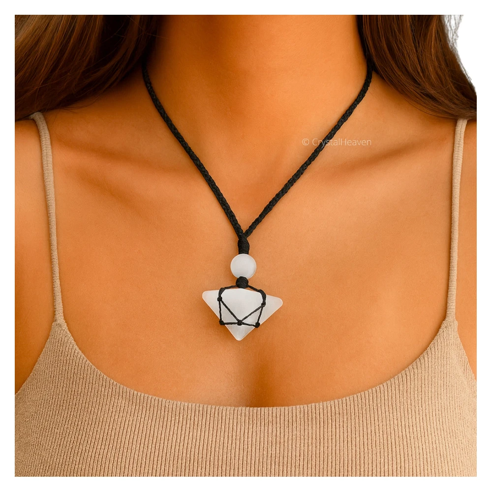 Selenite Pyramid Macrame Pendant Necklace