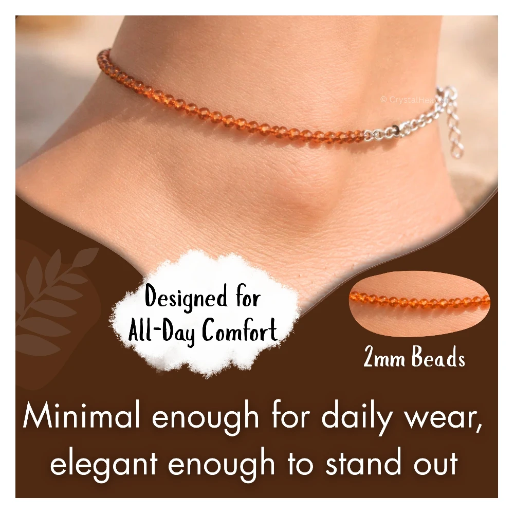 Hessonite Garnet Anklet - 2mm Faceted Beads (Silver)