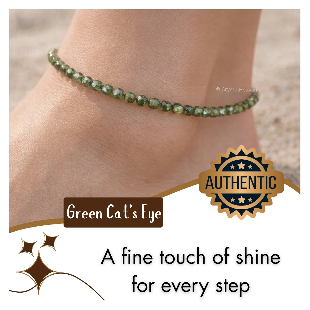 Green Cats Eye Anklet - 2mm Faceted Beads (Silver)