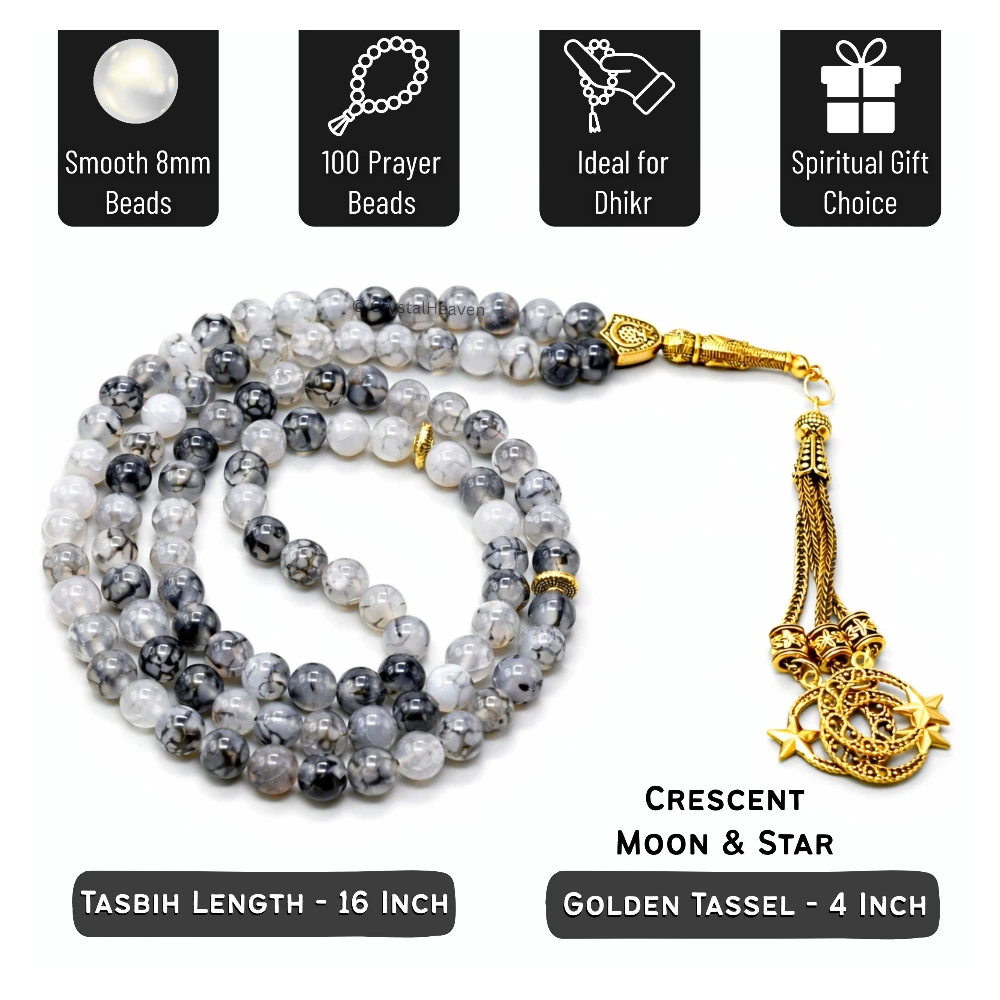 Dragon Vein Agate Crystal Tasbih (Gold)