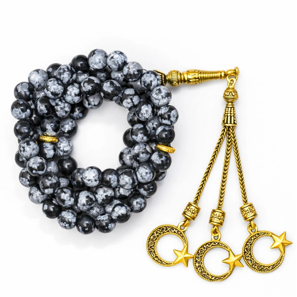 Snowflake Obsidian Crystal Tasbih (Gold)