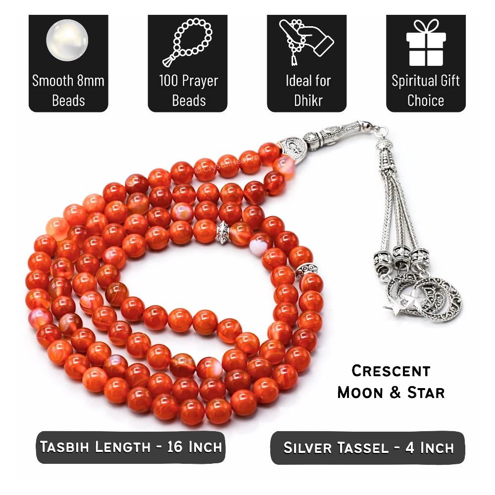 Red Banded Agate Crystal Tasbih (Silver)