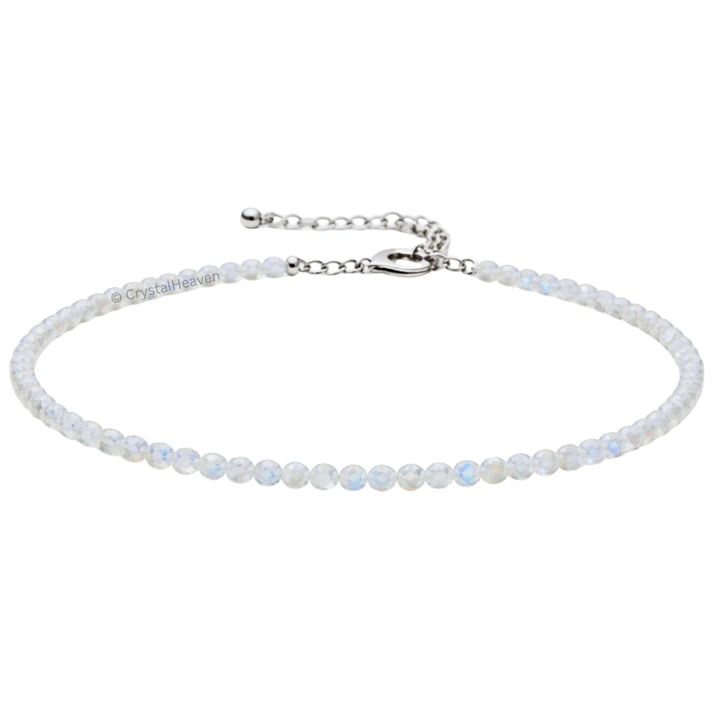 Rainbow Moonstone Anklet - 2mm Faceted Beads (Silver)