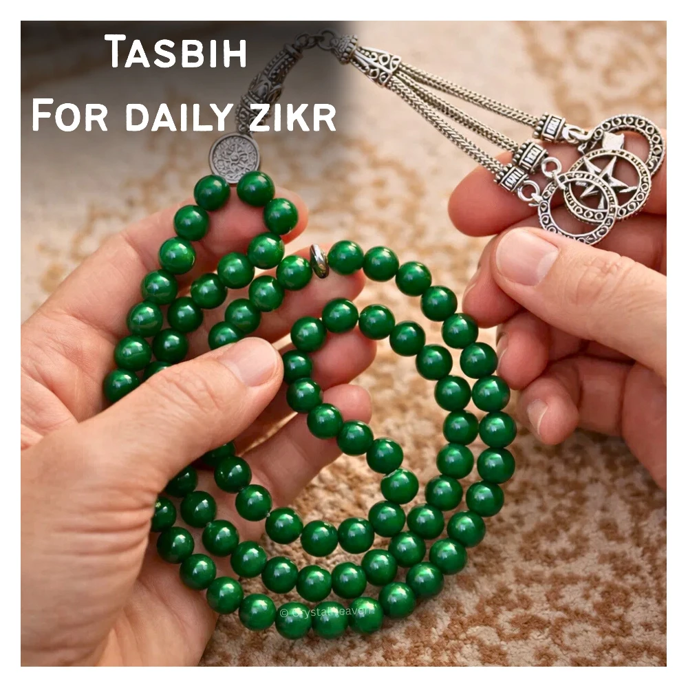 Green Jade (Dye) Crystal Tasbih (Silver)