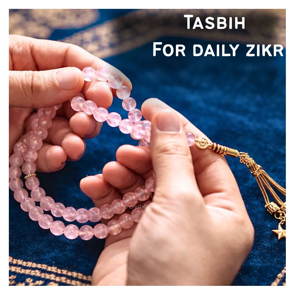 Rose Quartz Crystal Tasbih (Gold)