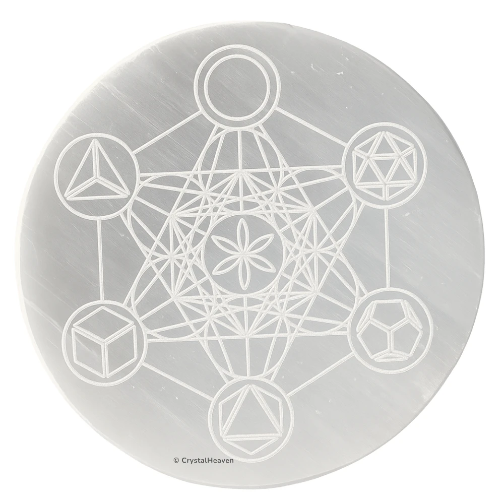 Selenite Charging Plate with Metatron Cube with Platonic Solid (4 Inch)
