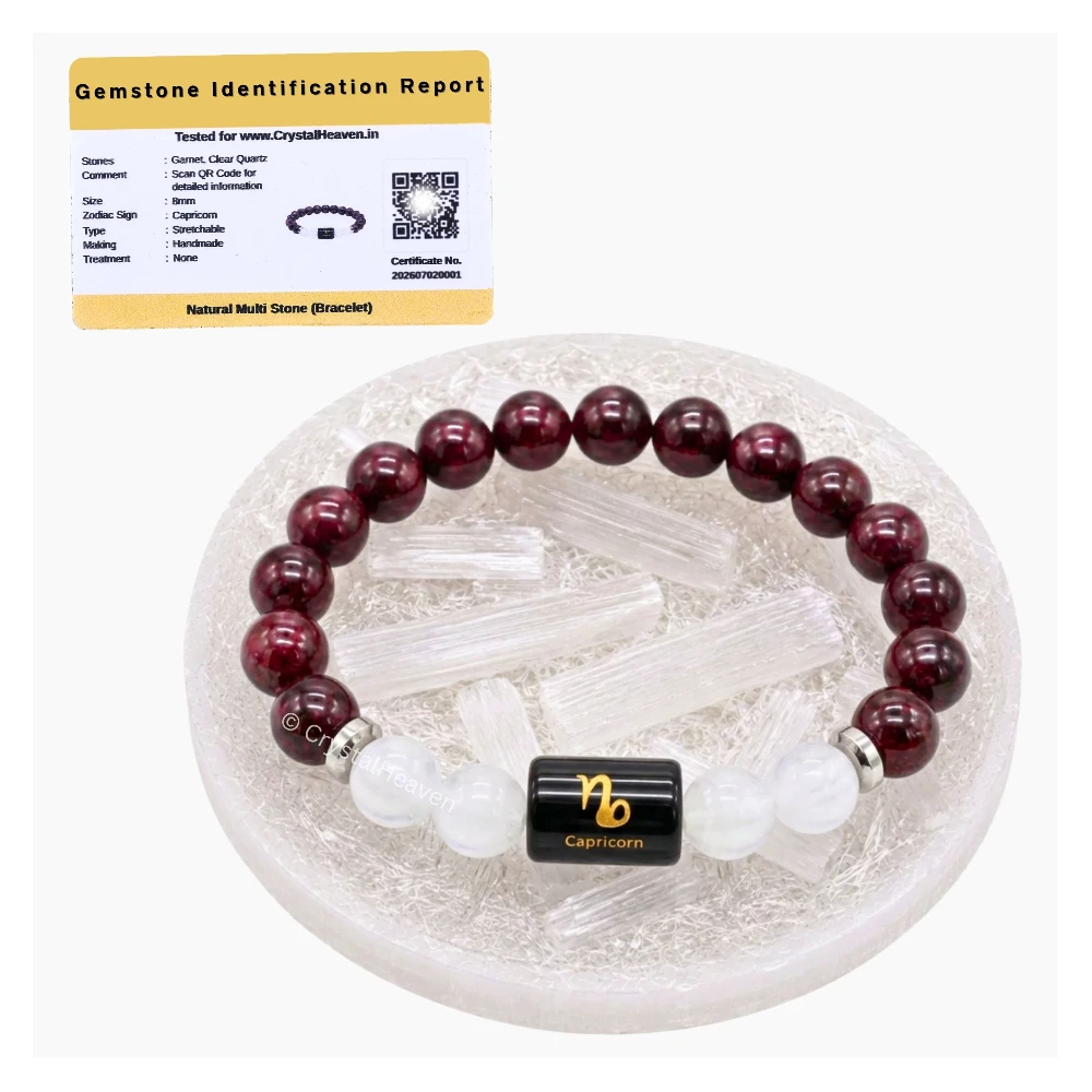 Capricorn Bracelet (मकर राशि) - Garnet & Milky Quartz (With Selenite Plate)