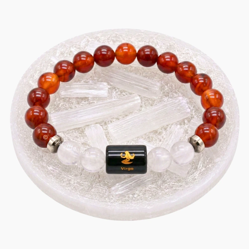 Virgo Bracelet (कन्या राशि) - Carnelian & Milky Quartz (With Selenite Plate)