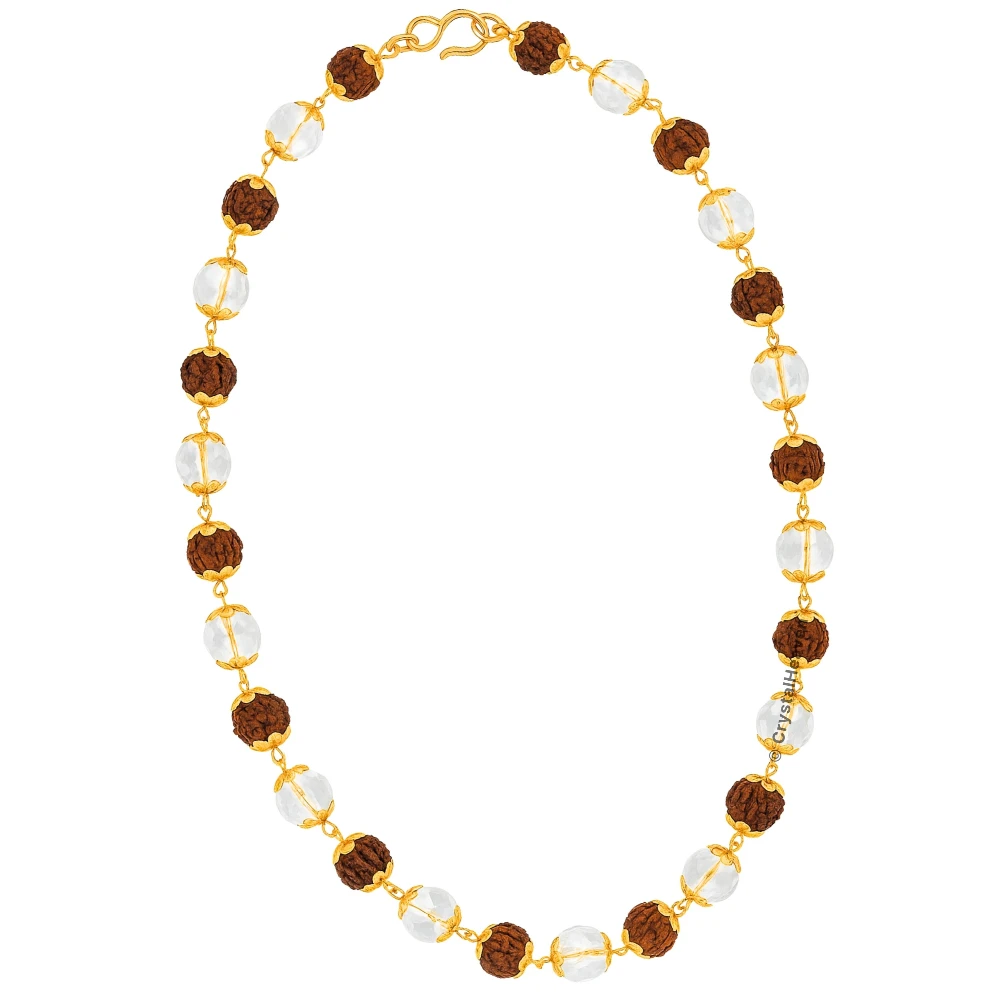 Rudraksha and Sphatik Mala Necklace (Gold Chain - Faceted)