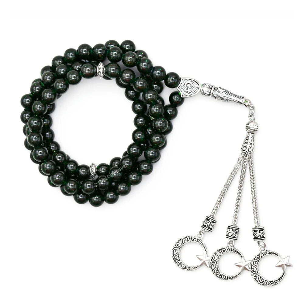 Green Goldstone Crystal Tasbih (Silver)