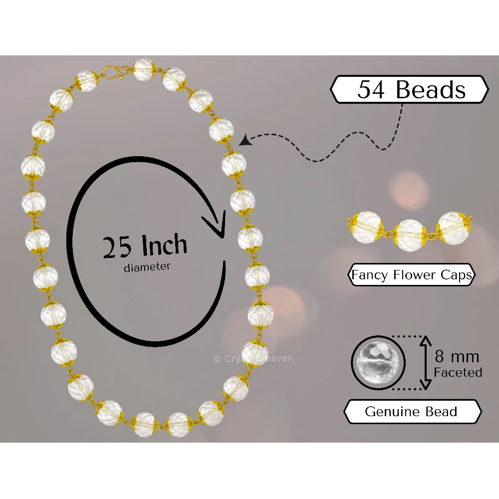 Faceted Crystal Quartz Sphatik Mala Necklace (Gold Chain)