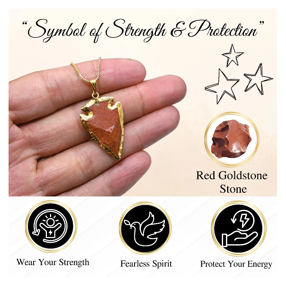 Red Goldstone Arrow Head Pendant - Gold Plated
