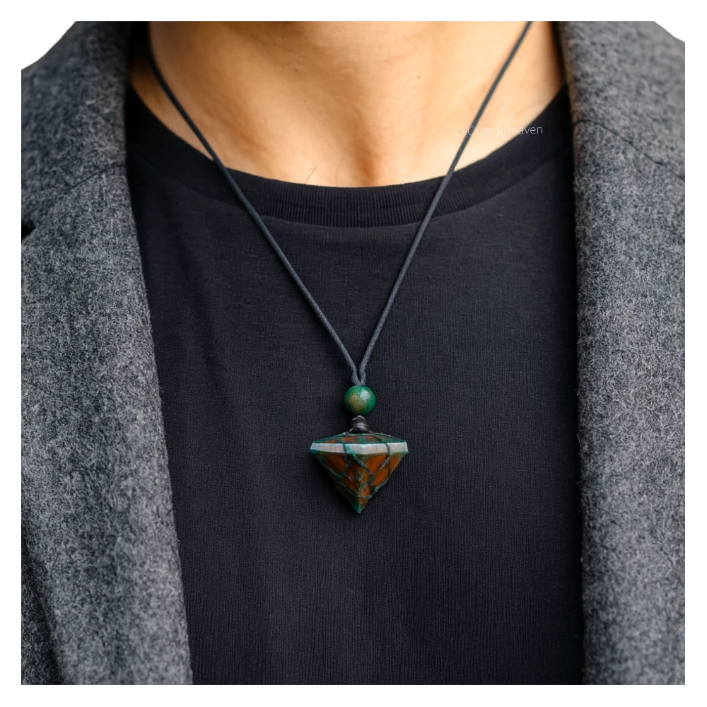 Bloodstone Pyramid Macrame Pendant Necklace