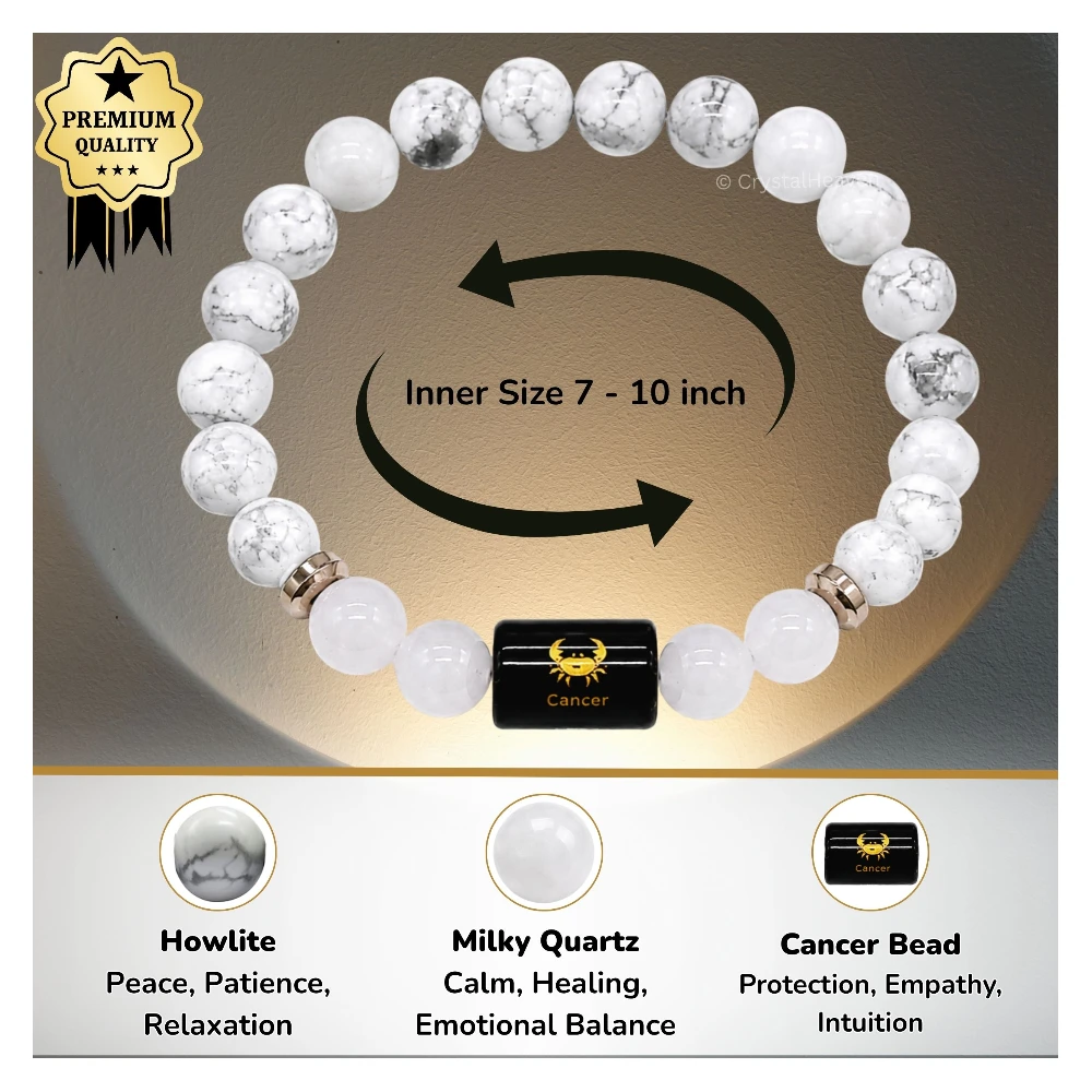 Cancer Bracelet (कर्क राशि) - Howlite & Milky Quartz (With Selenite Plate)