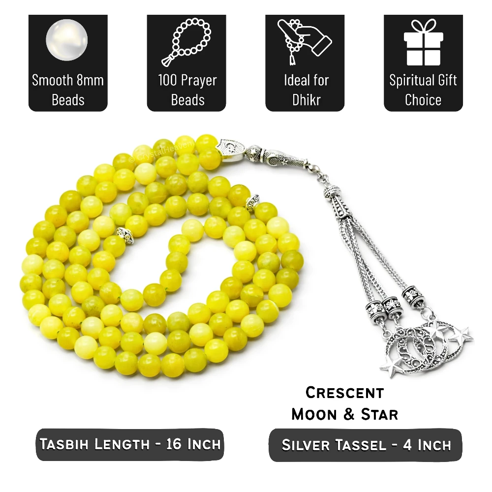 Lemon Jade Crystal Tasbih (Silver)