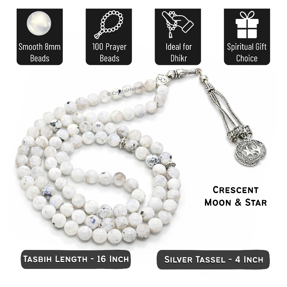 Rainbow Moonstone Crystal Tasbih (Silver)