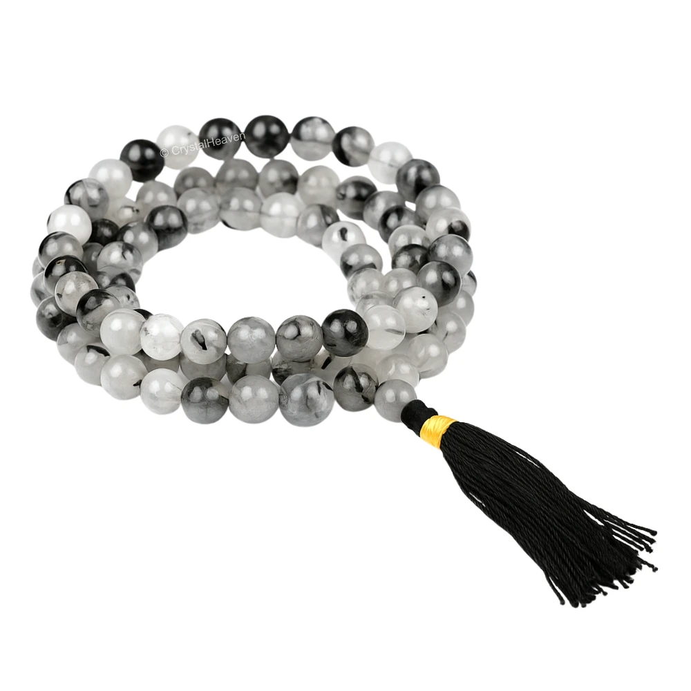 Black Rutilated Quartz Japa Mala (Without Knot)