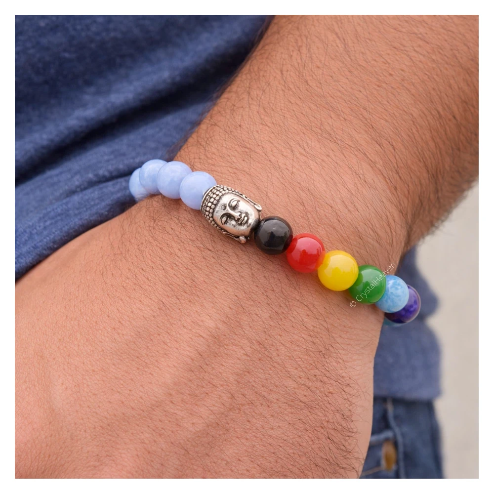 Blue Lace Agate Chakra with Buddha Bracelet (Elastic)