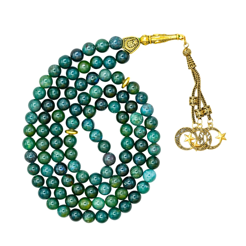 Moss Agate Crystal Tasbih (Gold)