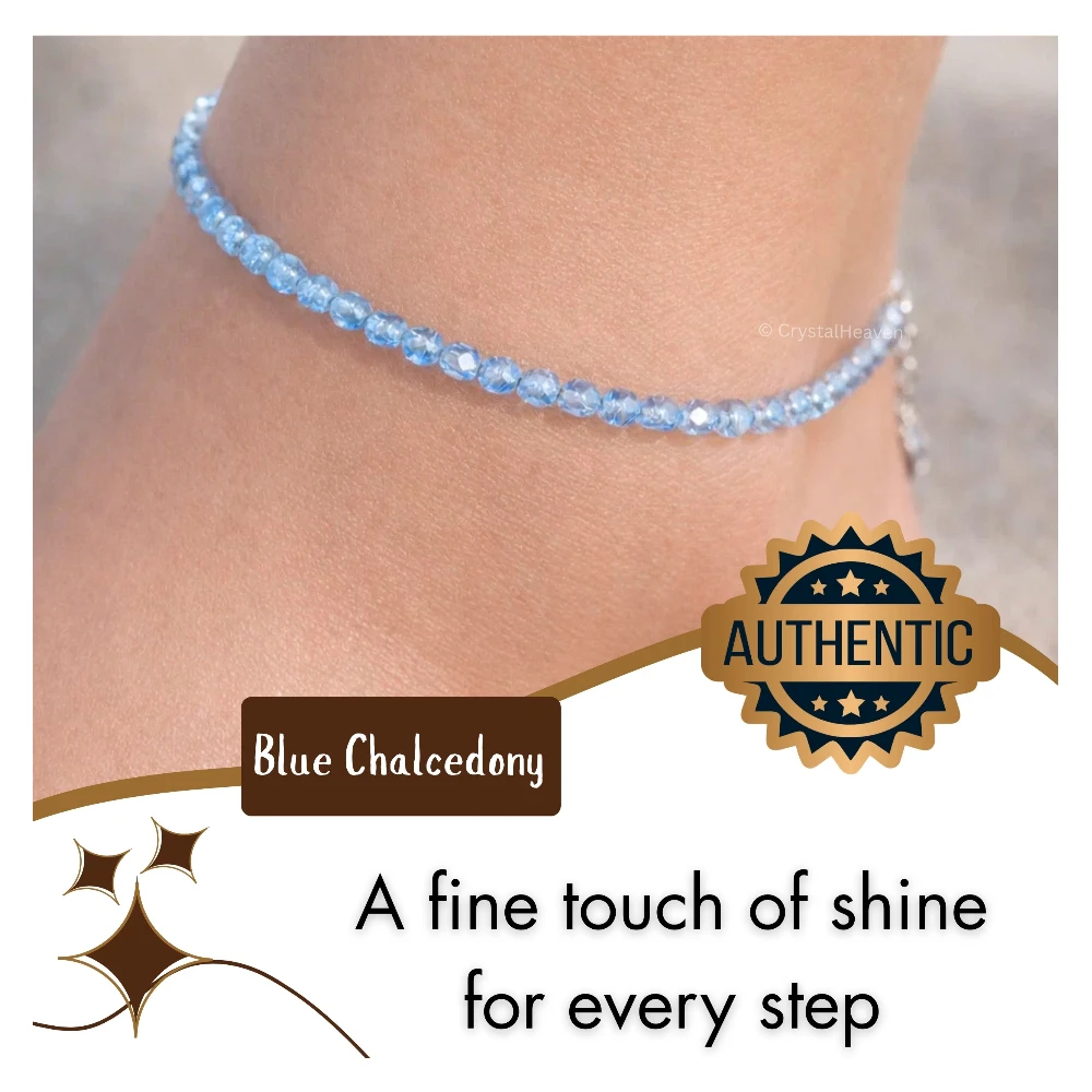 Blue Chalcedony Anklet - 2mm Faceted Beads (Silver)
