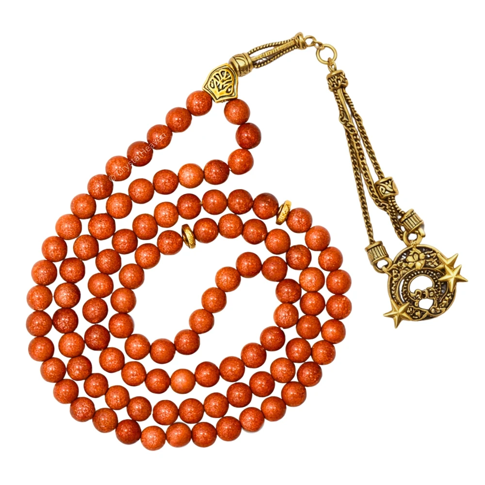 Red Goldstone Crystal Tasbih (Gold)