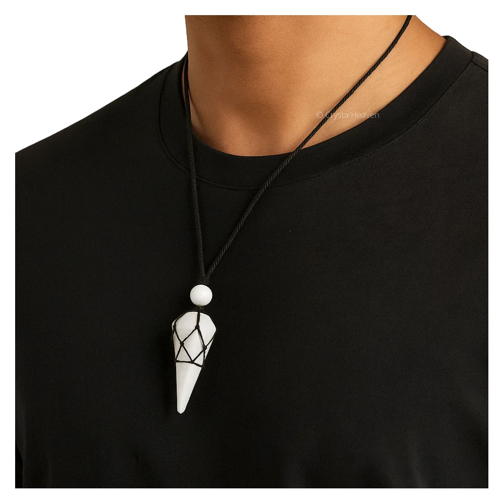 Snow Quartz Pendulum Pendant Necklace (Macrame)