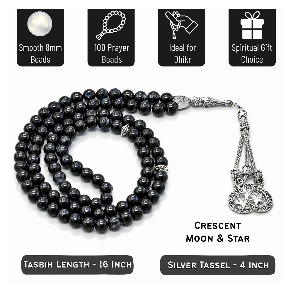 Black Banded Agate Crystal Tasbih (Silver)