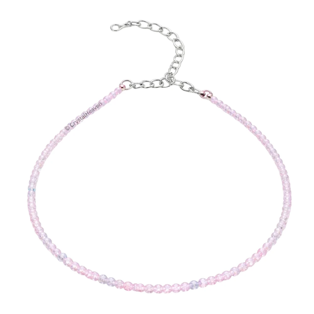 Pink Aqua Anklet - 2mm Faceted Beads (Silver)