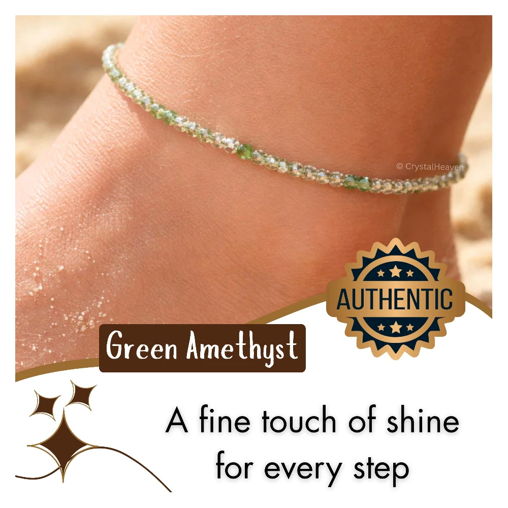 Green Amethyst Anklet - 2mm Faceted Beads (Silver)