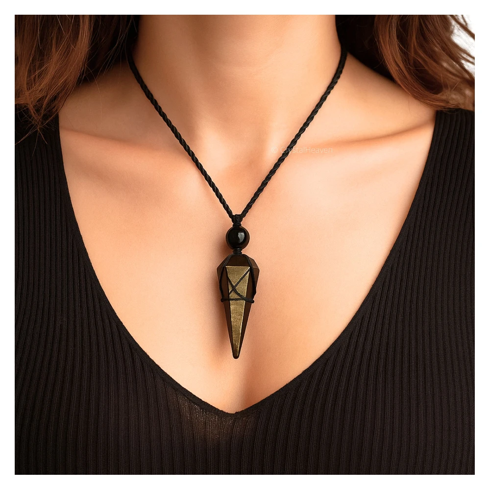 Golden Sheen Obsidian Pendulum Pendant Necklace (Macrame)
