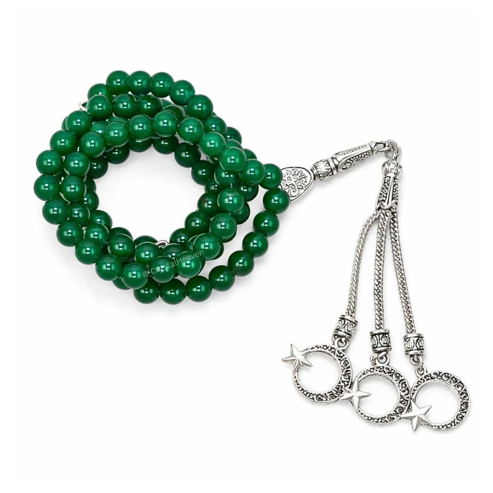 Green Jade (Dye) Crystal Tasbih (Silver)